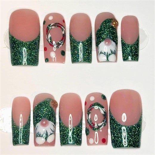Gnome Elf Christmas Press on Nails | Green Glitter French Tip - Etsy