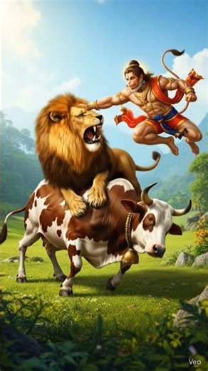 हनुमान जी एक गाय को शेर से बचते हैं। #shorts #youtubeshorts #trending #viral