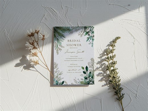 Winter Bridal Shower Invite Editable Canva Template- Winter Watercolor Greenery Wedding Shower Invite, Printable Instant Download - Etsy