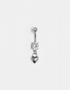 Kingsley Ryan crystal belly bar with dangling heart in sterling silver | ASOS