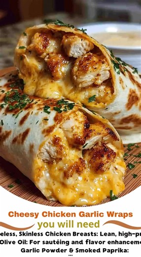 These Cheesy Chicken Garlic Wraps feature juicy, seasoned chicken and a melty, gooey cheese center tucked inside a toasted tortilla. 🌯 Cheesy Chicken Garlic Wraps Ingredients The Protein: * Boneless, skinless chicken breasts (lean and high-protein) or chicken thighs for extra juiciness. Olive oil for sautéing. The Seasoning Blend: * Garlic powder and smoked paprika. Salt and black pepper to taste. Optional: Onion powder and a pinch of cayenne for heat. The Wrap & Filling: * Large flour tortilla