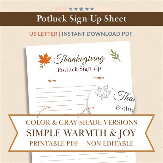 Thanksgiving Potluck Sign up Sheet | Minimalist Dinner List (printable PDF, Non-editable) | US Letter, Guest & Dish List | Instant Download - Etsy