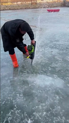The fish farming process in a frozen pond- Good tools and machinery make work easy