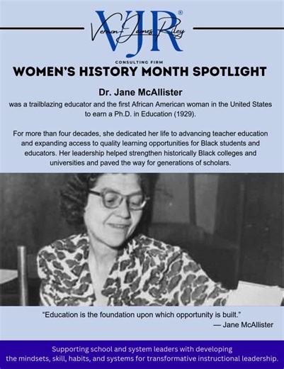 🌟 Women’s History Month Spotlight: Dr. Jane Ellen McAllister 🌟 This Women’s History Month, we honor Dr. Jane Ellen McAllister — a trailblazer whose legacy transformed education in America. In 1929, she became the first African American woman in the United States to earn a Ph.D. in Education. At a time when opportunities for Black women were severely limited, Dr. McAllister broke barriers not for recognition — but to expand access, strengthen teacher preparation, and uplift future generations. 