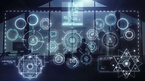 Statistical graphics amidst a corporate office setting.