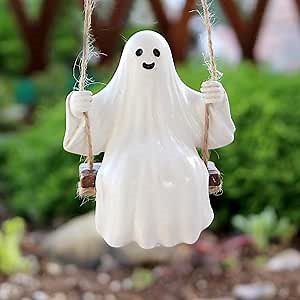 Funny Swing Ghost Statue, Swing Ghost Pendant, Tree Hanging Ornament for Garden Patio Lawn Yard Halloween Decoration (White, One Size)