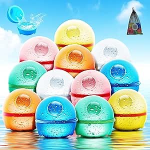 12PCS Hiliop Reusable Water Balloons for Kids Adults, Silicone Refillable Self-Sealing Quick Fill With Magnetic & Mesh Bag