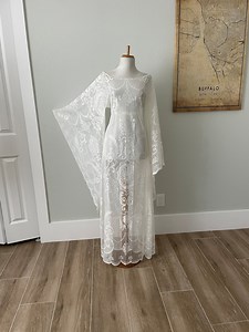 Vintage Cream Lace Wedding Dress: Sheer Boho Bell Sleeve Gown - Etsy