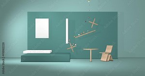 3d scenario of a room with geometries in green tones, movement of balls. Advertising concept