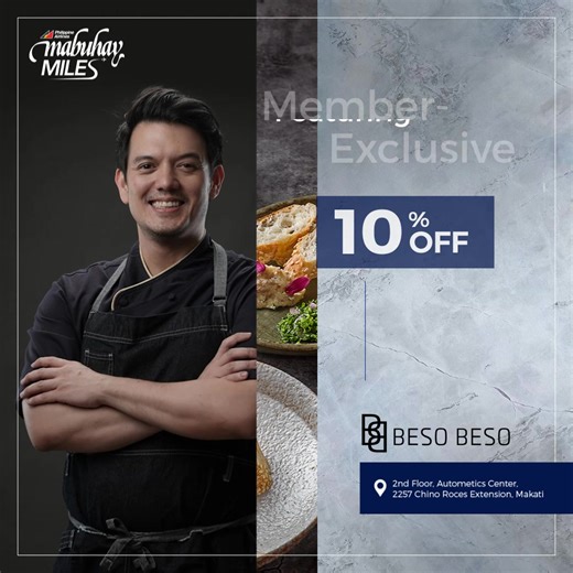 Savor the fusion of Philippine heritage at Beso Beso. Discover chef Rob Pengson's Filipiniana cuisine crafted with a modern twist to excite your taste buds and leave you wanting more. Show your Mabuhay Miles membership and get an exclusive 10% discount when you dine at Beso Beso. Learn more at https://bit.ly/3MoOtrh | Mabuhay Miles