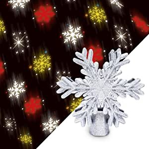 SWR Christmas Tree Topper Lighted with LED Rotating Colorful Snowflake Projector,3D Hollow Glitter Lighted Silver Snowflake Tree Topper for Christmas Tree Decorations(Snow)