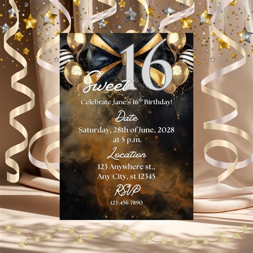 Sweet 16 Birthday Invitation Template | Black Gold Silver Glam Party Invite | Bow Tie & Balloon Theme | Editable Canva Design - Etsy