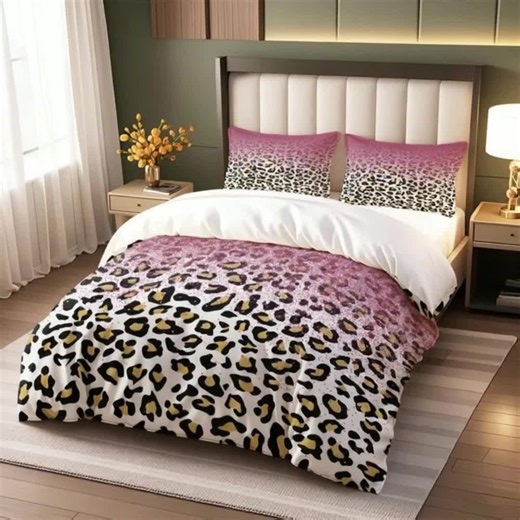 Leopard Print Bedding Set 2/3 Piece (1 Fitted Sheet 2 Pillowcases), Polyester Fiber 90g, Valentine's Day Gift, No Core #bedsheets #lisafrankblanket #linensheets #targetchristmasbedding #fauxfurcomforter #tuftedcomforter #comfortersets #oversizedcomforter #linenbedding #beddingcombo