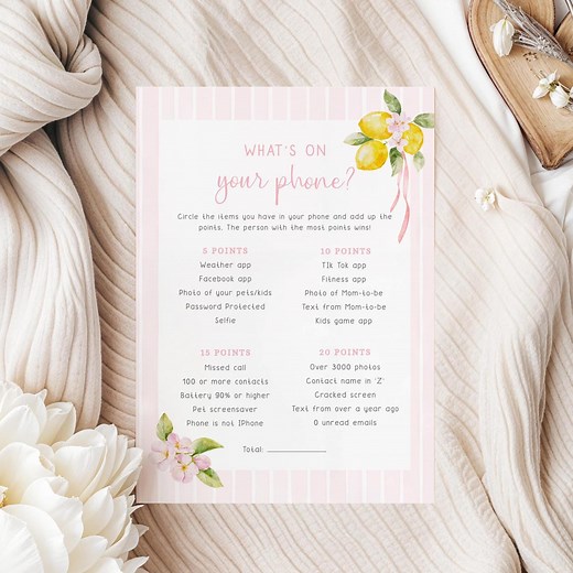 What's on Your Phone Baby Shower Game, Lemon Baby Shower Activity, Printable Ciao Baby Shower Game, Pink Lemon Cell Phone Game - EJ51 - Etsy