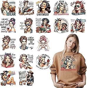 Dtf Transfers Ready to Press - 18 Pcs Sarcastic Women Iron on Transfers for T-Shirts, Funny Girl Heat Vinyl Patches Decals for Clothes, DIY Bag Pillow Decor