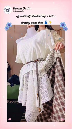 off-white off-shoulder top + belt + stretchy waist skirt 👗✨