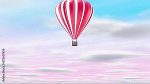 3D animation, a hot air balloon takes off against the beautiful sky. Travel and vacation concept.