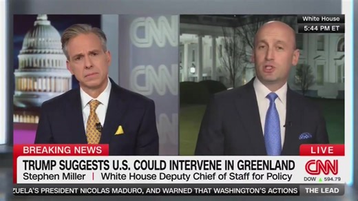 Jake Tapper asked a basic question: Can the U.S. rule out using force to take Greenland? Stephen Miller wouldn’t. Instead, he questioned Denmark’s right to Greenland, invoked U.S. dominance inside NATO, and ended with this: “Nobody is gonna fight the U.S. militarily over the future of Greenland.” That’s not reassurance. That’s imperial logic, said out loud. | VoteBlue