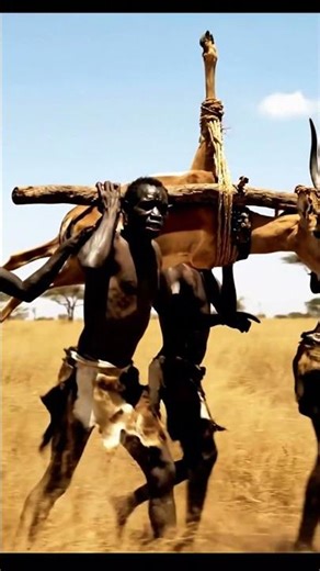 A prehistoric hominid carrying hunted prey on their shoulders. #earlyhumans #evolution