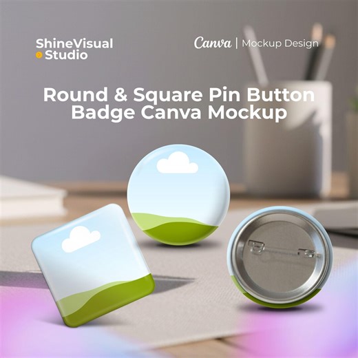 Round & Square Pin Button Badge Mockup | Editable Canva Template - Etsy