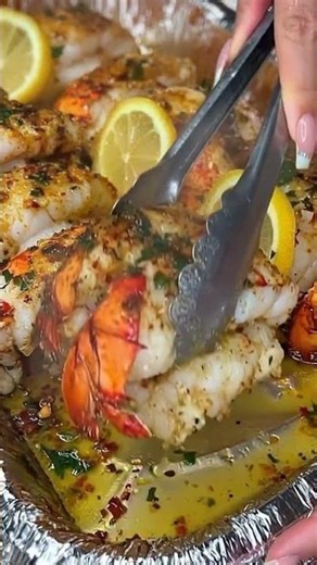 Juicy oven-baked lobster tails drenched in rich garlic butte