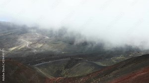 Crater Silvestri Superiori (2001m) on Mount Etna, Etna national park, Sicily, Italy. Silvestri Superiori - lateral crater of the 1892 year eruption. Volcanic foggy landscape