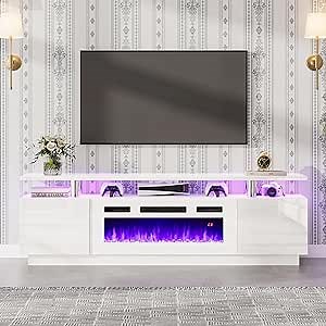 Modern Fireplace TV Stand with 36" Electric Fireplace,Finish Media Console with Open Storage, LED Lights Entertainment Center for TVs Up to 80", All White