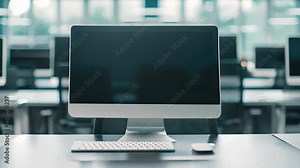 Modern and sleek computer workstation in a contemporary office setting with multiple desks and monitors, ideal for tech and workspace themes.