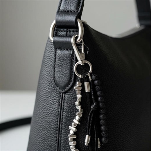 Beaded Bag Keychain: Black Lava Stone & Silver Beads, Minimalist Purse Charm, Handbag Accessory - Etsy