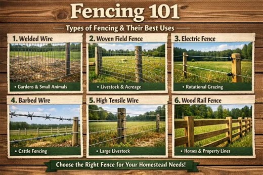 🌾 Fencing 101: Different Types of Fencing & What They’re Best For When you buy land, fencing becomes a BIG decision fast. Not all fences are created equal — and what works for one homestead may not work for another. Here are the most common types of fencing you’ll see: 1️⃣ Welded Wire Fencing • Wires are welded at each intersection • Budget-friendly • Great for gardens & small animals • Can break at weld points if livestock push on it Best for: Raised beds, chickens, temporary enclosures. 2️⃣ W