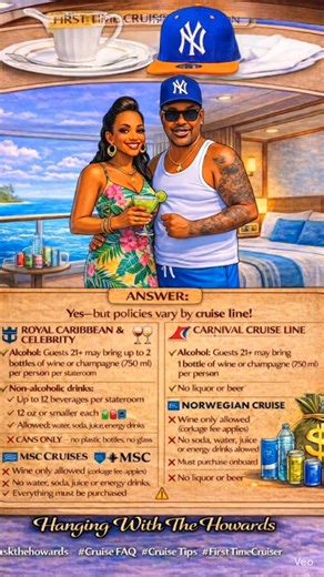 🍷🥤 FAQ: Can I Bring Alcohol, Water, or Drinks Onboard a Cruise? Yes—but rules vary by cruise line, drink type, container, and size. Save this 👇 🚢 Royal Caribbean & Celebrity Alcohol: • Guests 21 may bring up to 2 bottles of wine or champagne (750 ml each) per stateroom • No liquor or beer Non-alcoholic drinks: • Up to 12 beverages per stateroom • Must be 12 oz or smaller each • Allowed: water, soda, juice, energy drinks • Containers allowed: cans or plastic bottles only (no glass) 🚢 Carniva