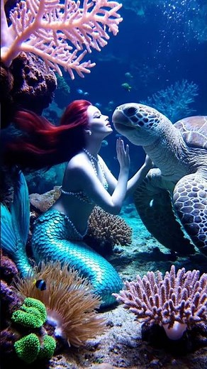 A mermaid whispers to a giant, ancient sea turtle amidst glowing coral.