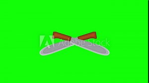 crossed smatchet machete animation. medical knife survival weapon motion on green screen background. animated 4k chroma key