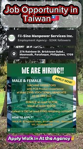 Taiwan🇹🇼 Job Opportunity To all Interested Applicants Just Visit Fil-Sino Manpower Services Inc. Agency and Submit your Application #jobopportunity #FACTORYWORKER #MachineOperator #Taiwan #facebookpost #viralreelschallenge #contentmonitezation #fypシ #highlights OFW Job Hiring | JunPatricio