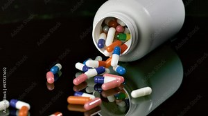 Pill bottle falls over and slips pills onto a black surface in slow motion.