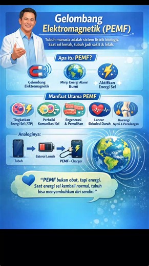 Berikut penjelasan gelombang elektromagnetik yang sering dijelaskan oleh Dr. Bryan (dalam konteks kesehatan & PEMF) — ringkas, mudah dipahami, dan bisa dipakai untuk edukasi tim. 🔷 Gelombang Elektromagnetik (Menurut Dr. Bryan) Tubuh manusia adalah sistem listrik biologis. Setiap sel berkomunikasi menggunakan sinyal listrik & elektromagnetik. 👉 Dr. Bryan menjelaskan: > Saat tubuh sakit, lelah, atau degeneratif, frekuensi sel melemah dan tidak stabil. ⚡ Apa itu Gelombang Elektromagnetik (PEMF)? 