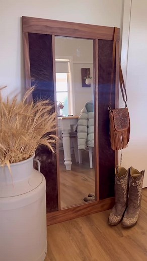 When you dont have $550 to spend on a mirror like this so you make one yourself 🐮 #DIY #cowhide #cowhidemirrors #western #westerndiyprojects #westerndecor #woodwork