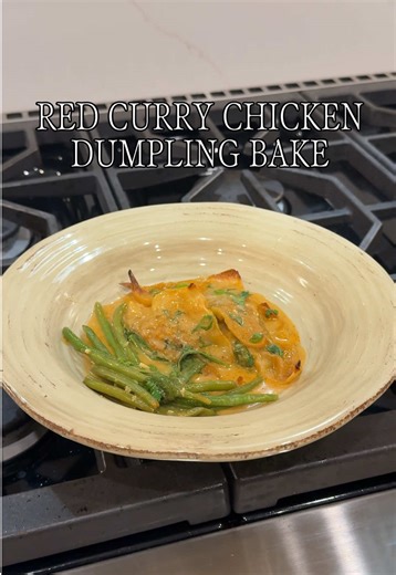 Creamy Red Curry & Coconut Chicken Dumpling Bake 🥟🥥 (my family’s new favorite weeknight dinner recipe) ❤️ Recipe: For the Dumplings: 1 lb. ground chicken 1/4 c green onion ( extra for garnish, chopped) 1/4 c fresh cilantro ( extra for garnish - diced) 4 cloves of garlic (diced) 2 tbsp fresh ginger (grated or finely diced) 1 tbsp soy sauce 1 tbsp sesame oil 1 tbsp coconut sugar 1 tbsp chicken boullion 1 tsp pepper 1 egg Wonton or dumpling wrappers (using wonton here) For the Bake: 400 mL coconu