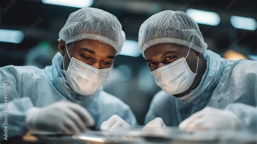 A sterile packaging line sealing medical implants inside transparent barrier pouches, quality inspectors checking integrity with magnifiers — medical-grade materials, precision sterilization, and