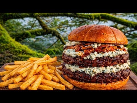 Wild ALASKA Cooking: Double Blue Cheese Burger & Crispy Fries by the Ocean