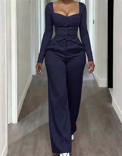 Ladies’ two-piece set, solid color, casual/relaxed style, elegant design, front-buttoned pockets, suitable for daily wear, beach activities, autumn, and winter.❄️#ootd #jumpsuit #outfitinspo #outfitideas #tiktokshop