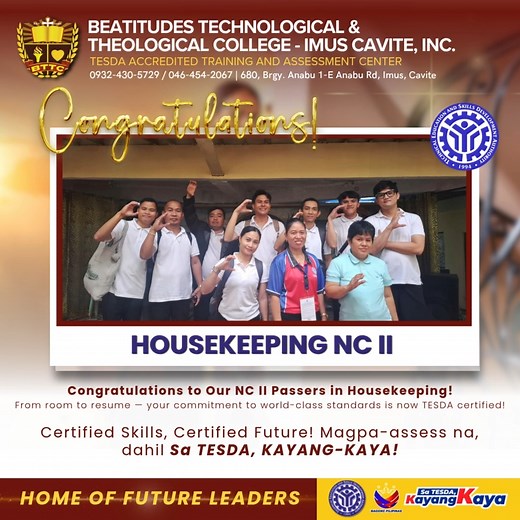 1.9K views · 11 reactions | Congratulations for Passisng the Assessment for Housekeeping NC II! #beatitudesimus #SaTESDAKayangKaya #beatitudescolleges #TESDAAccredited #tesdaimus #HousekeepingNCII | Beatitudes Imus | Facebook