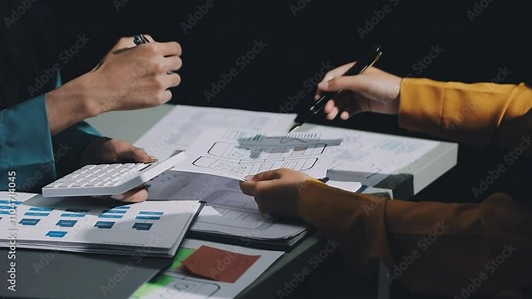 UX developer and ui designer brainstorming about mobile app interface wireframe design with customer breif and color code. business working