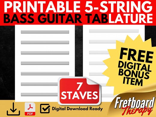 Printable 5-string Bass Guitar Tablature: 7 Staves (US Letter A4) (PDF) - Etsy