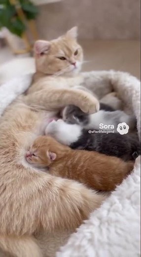 5 Tiny Kittens Nursing Mom Cat Comforts Them