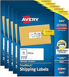 Avery Printable Shipping Labels with Sure Feed, 2" x 4" Customizable Stickers, White, 5,000 Blank Mailing Labels, Great for Mailing, Shipping, and More (5-Pack of 8463)