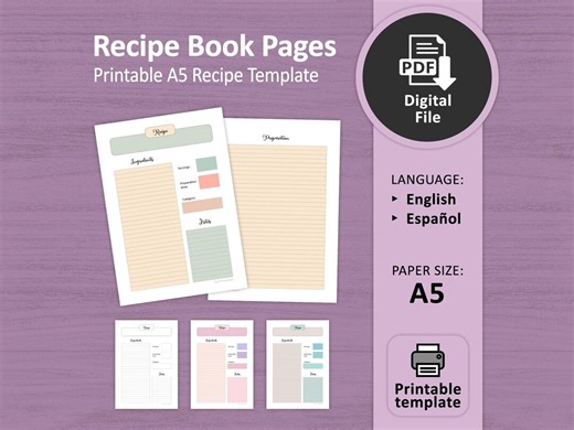 Recipe Book Pages Printable A5 | Create Your Own Recipe Binder | PDF Template - Etsy