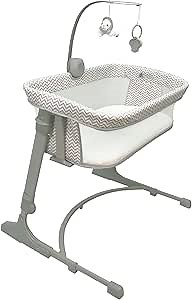 Arm’s Reach Versatile Co-Sleeper Bedside Bassinet Featuring Height-Adjustable Legs with Adjustable Feet, Mobile with Plush Hanging Toy, and Music Box That Plays 5 Tunes, Chevron