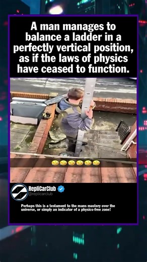 A man manages to balance a ladder in a perfectly vertical position, as if the la...
