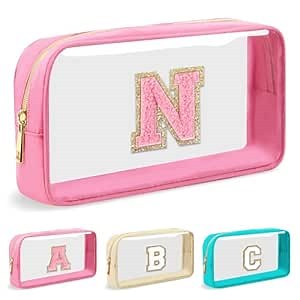 Personalized Initial Letter Clear Makeup Bag,Preppy Small Nylon&PVC Cosmetic Zipper Bag with Chenille Letter,Portable Beach Travel Skincare Toiletry Bag,Trendy Monogram Gift for Teen Girls Women,N